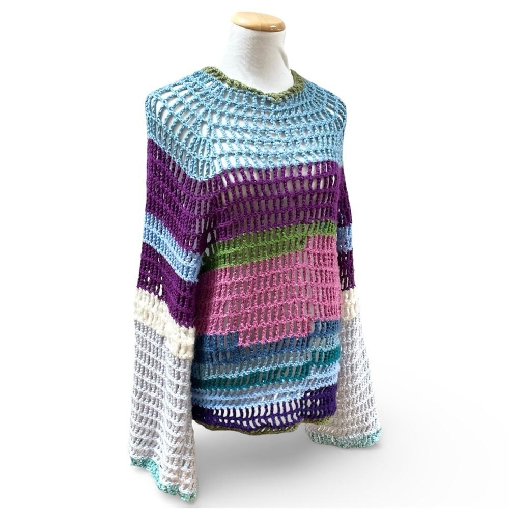 Handmade Whimsical Boho Stripe Crochet Bell Sleeve Sweater, Women's Small/Medium